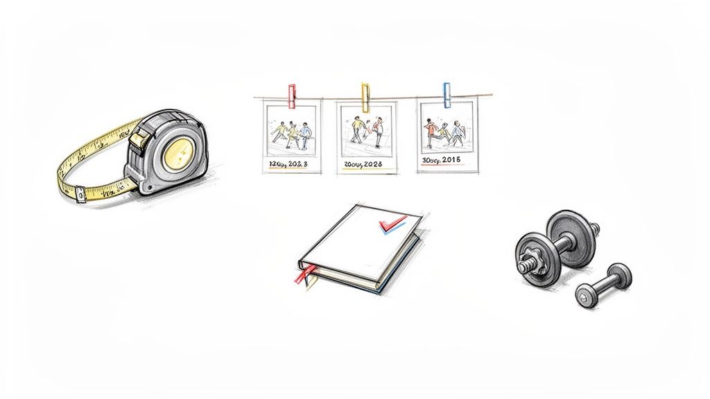 Illustrative sketch of fitness and weight loss journey with measuring tape, progress photos, notebook, and dumbbells.