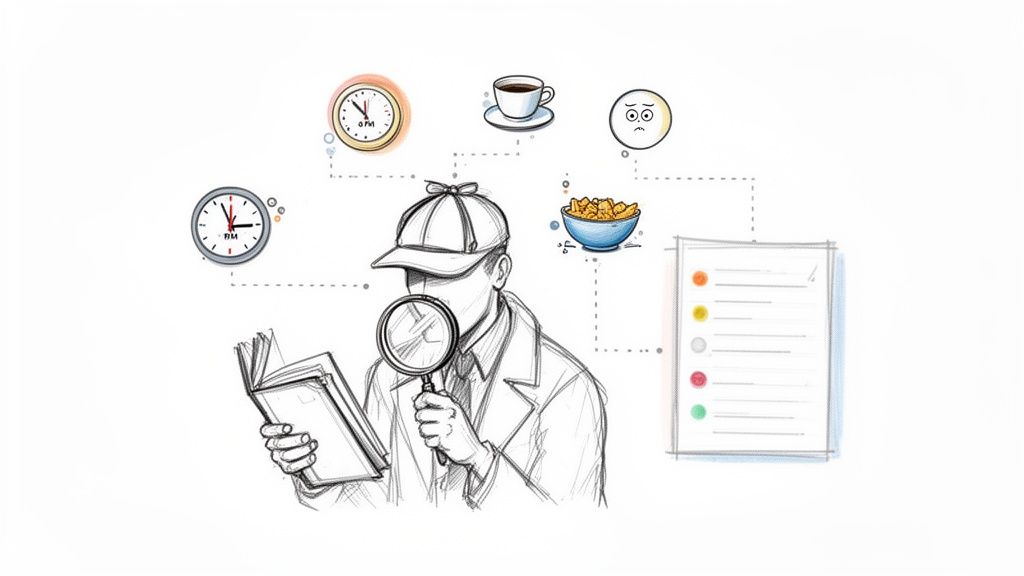 Illustration of a person analyzing daily routines, including clocks, coffee, snacks, and emotions.