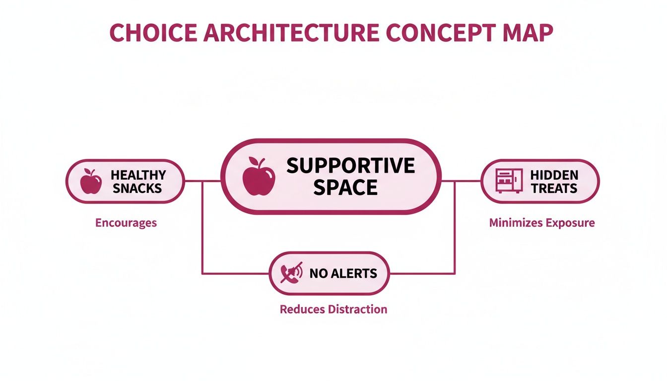 Concept map illustrating choice architecture strategies: supportive space encouraging healthy snacks, hiding treats, and no alerts.