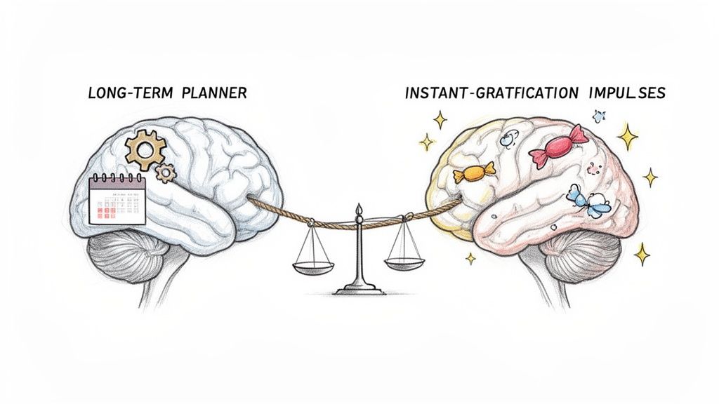 Illustration of two brains, one planning long-term with a calendar, the other seeking instant gratification, balanced on a scale.