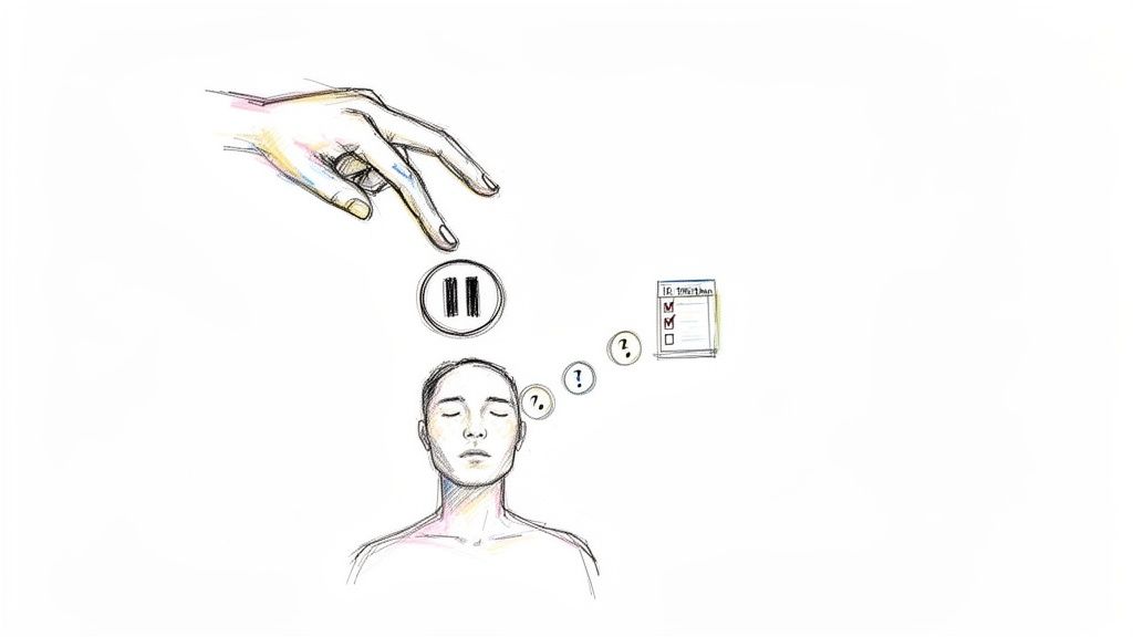 A hand presses a pause button above a meditating person, contemplating questions and a checklist.