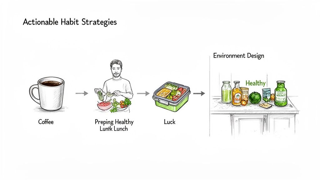 An illustration showing actionable habit strategies for healthy eating, including coffee, meal prep, and environment design.