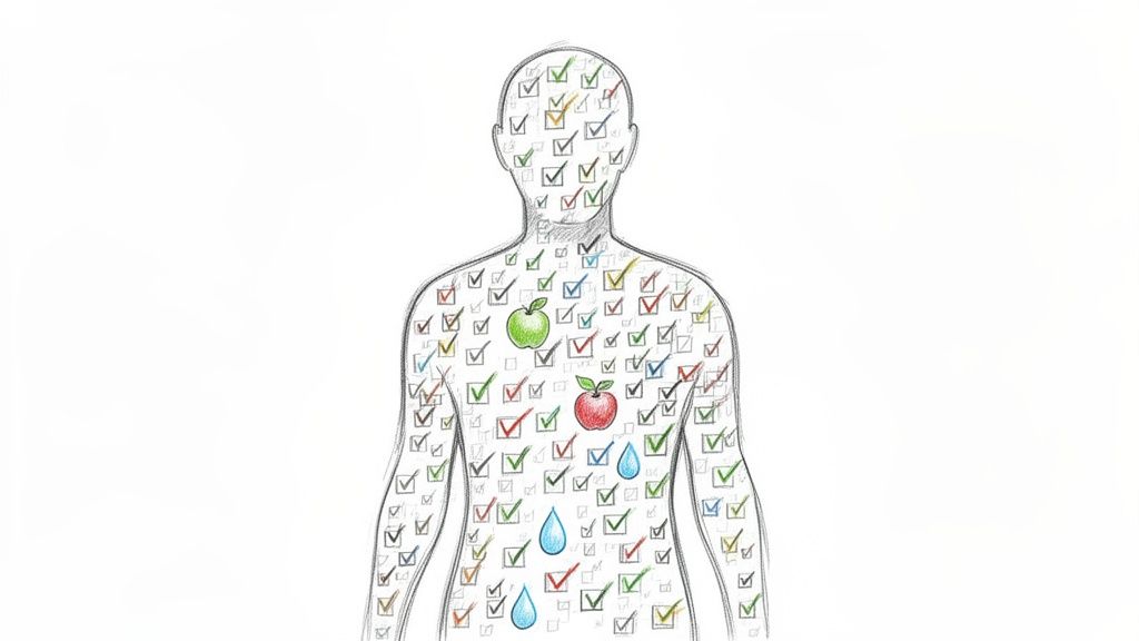 A human silhouette filled with colorful checkmarks, two apples, and water droplets, symbolizing healthy habits.