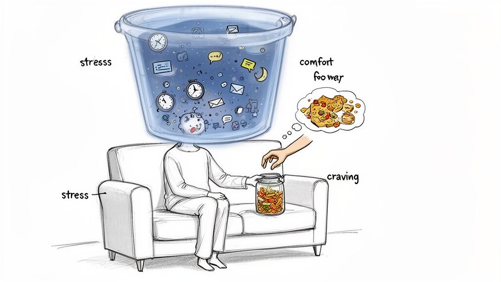 An illustration of stress leading to comfort food cravings, with a person's head replaced by a bucket of worries.