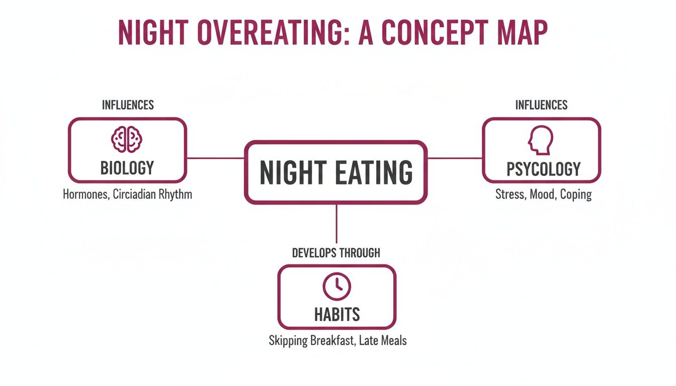 Concept map illustrating night eating, influenced by biology, psychology, and developed through habits.