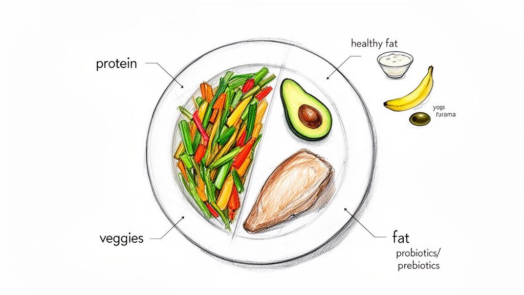 An illustrated healthy meal plate showing protein, veggies, avocado, yogurt, and a banana for balanced nutrition.