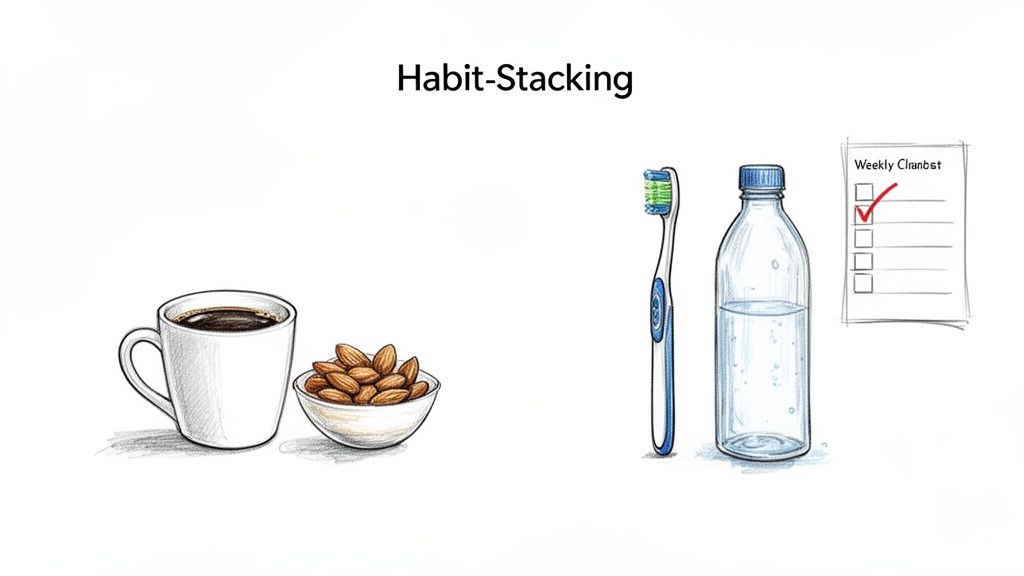 Illustration depicting habit-stacking, showing coffee, almonds, a toothbrush, water bottle, and a checked weekly plan.