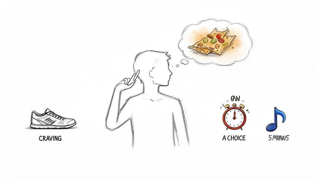 A person considering a food craving (pizza), with options like exercise, an alarm clock, and music.