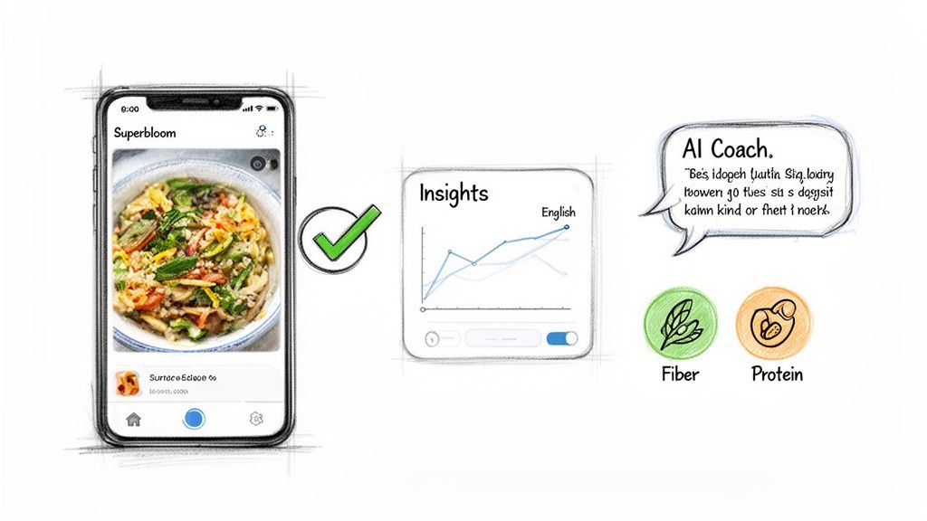 A Superbloom app showing a meal, followed by insights, AI coaching for fiber and protein.