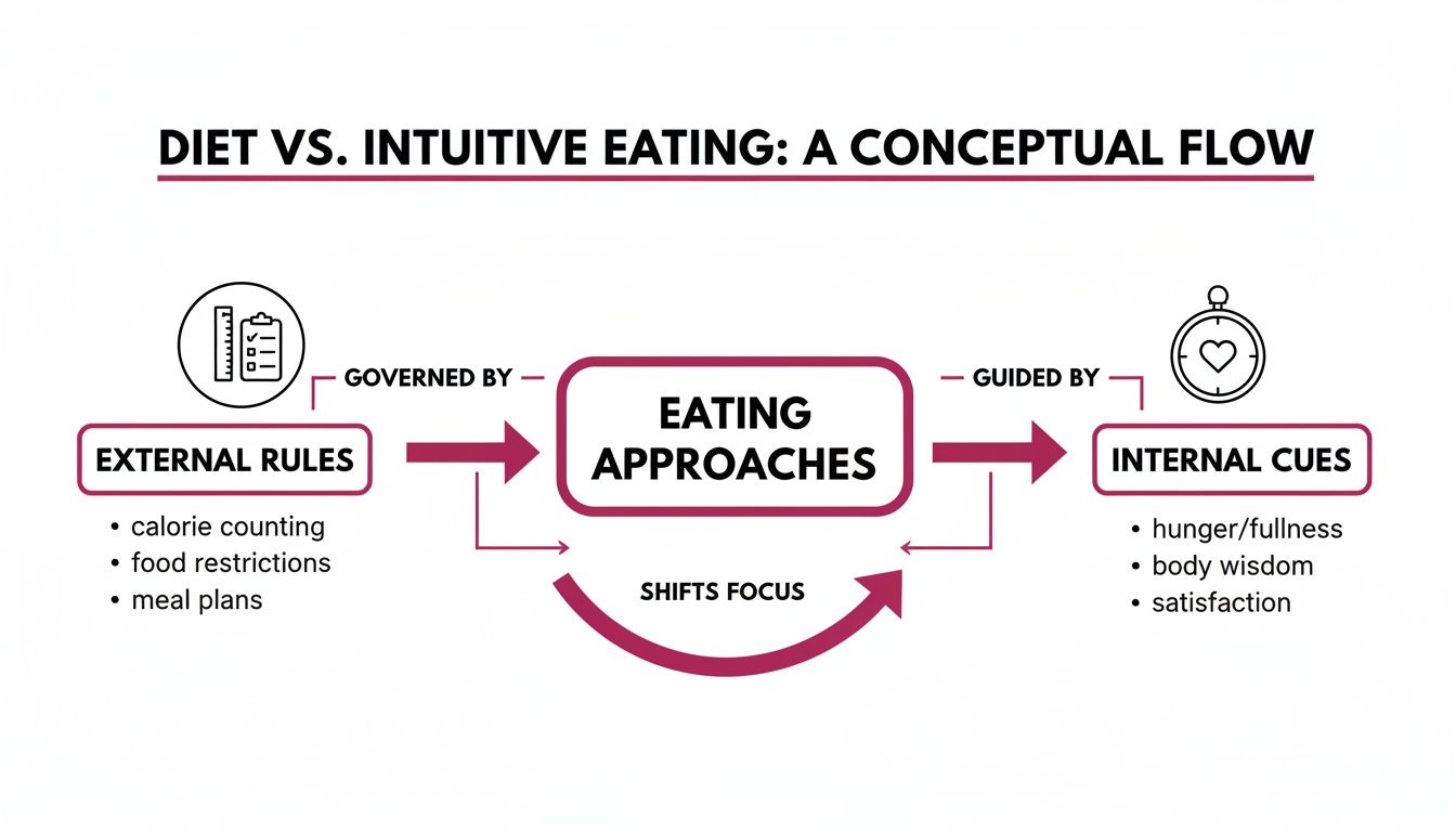 Conceptual flow illustrating eating approaches, governed by external rules versus guided by internal cues.