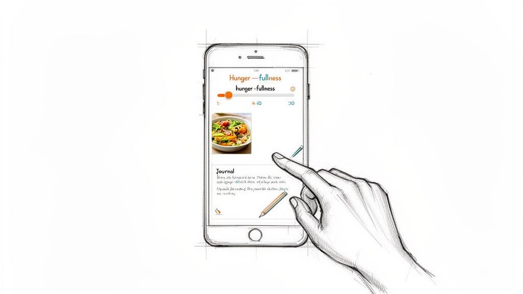 A sketched hand interacts with a smartphone app for tracking hunger-fullness and journaling meals.