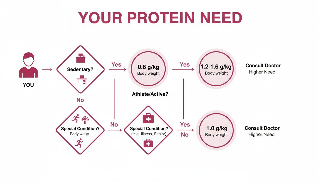 Flowchart guiding individuals on their daily protein needs based on activity level and health conditions.