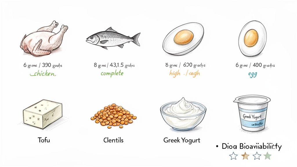 Illustration of various protein sources including chicken, fish, eggs, tofu, lentils, and Greek yogurt with protein amounts.