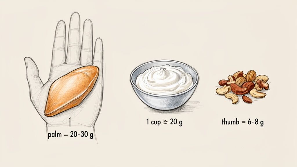 Illustrations comparing food portion sizes using a hand for protein, a bowl for yogurt, and nuts.