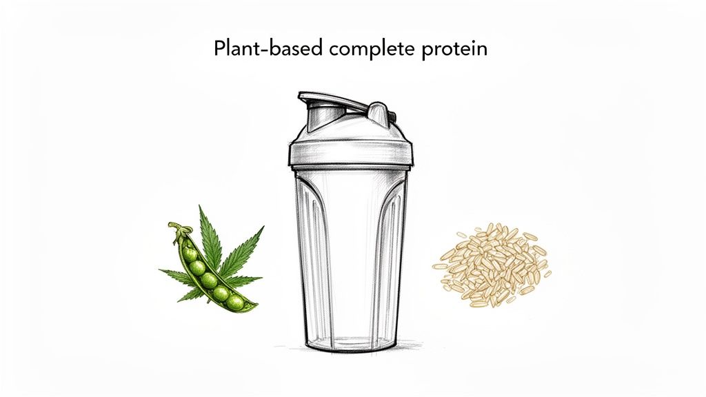 A sketch illustrating plant-based complete protein ingredients: peas, hemp, rice, and a shaker bottle.