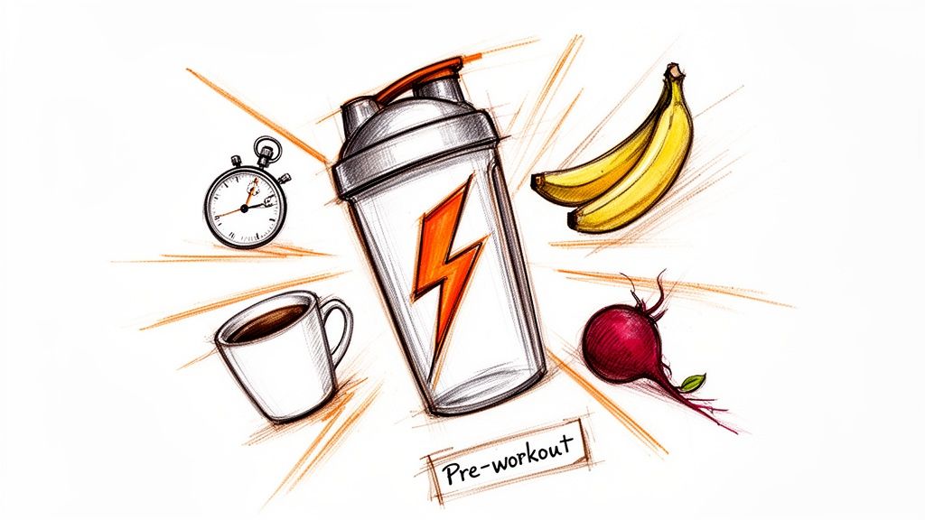 A colorful illustration showcasing various pre-workout items: a protein shaker, coffee, stopwatch, bananas, and beetroot.