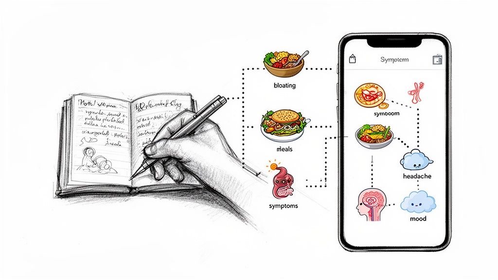 Hand writing in a journal, connecting food and symptom icons to a smartphone app for tracking health.