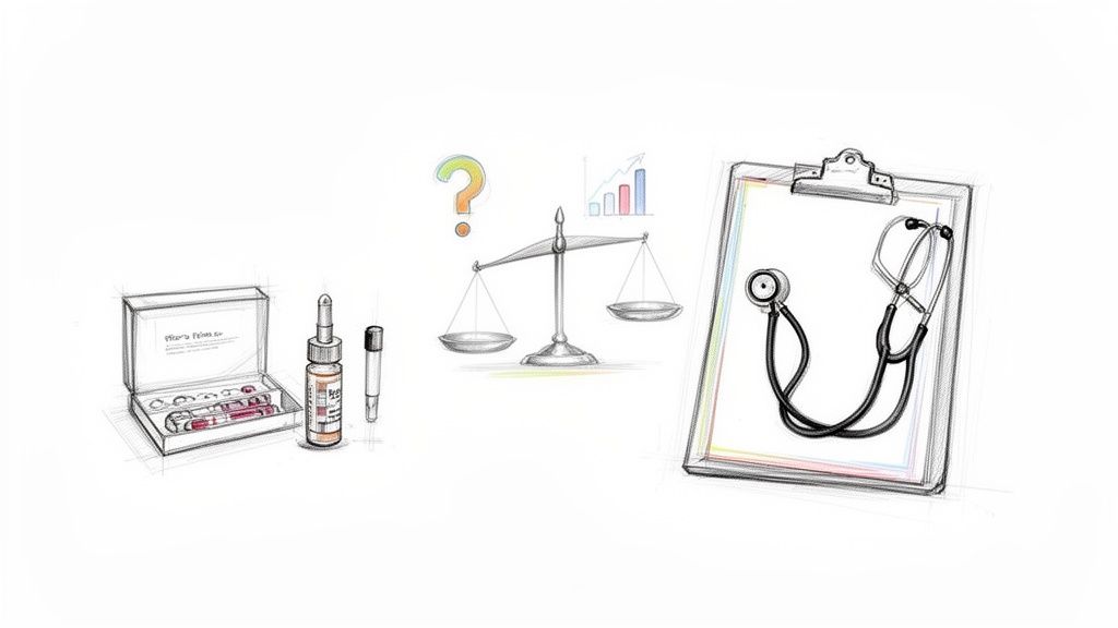 Sketch of medical testing kit, scale of justice, question mark, and stethoscope on clipboard.