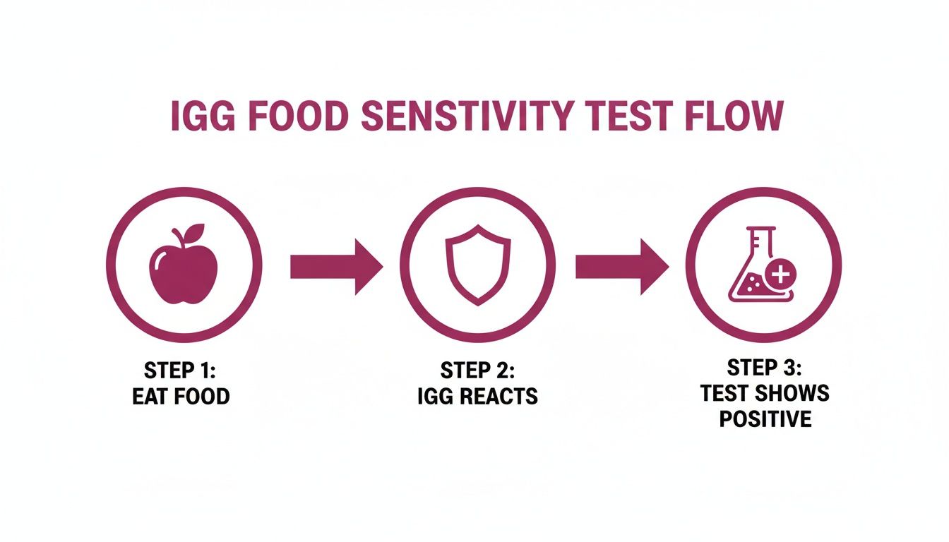 IgG food sensitivity test flow: eat food, IgG reacts, and test shows positive result.