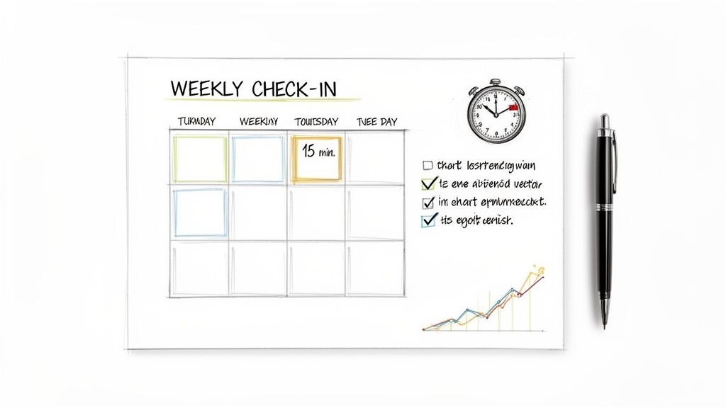 Hand-drawn weekly check-in planner with time blocks, a checklist, a stopwatch, and a progress graph.