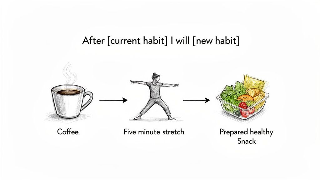 Diagram showing a habit stacking sequence: coffee, then a five-minute stretch, and finally a healthy snack.