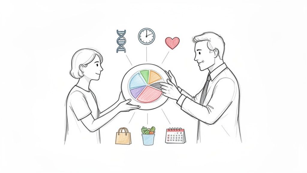 Two people personalize a nutrition plan with a pie chart and health, time, and food icons.