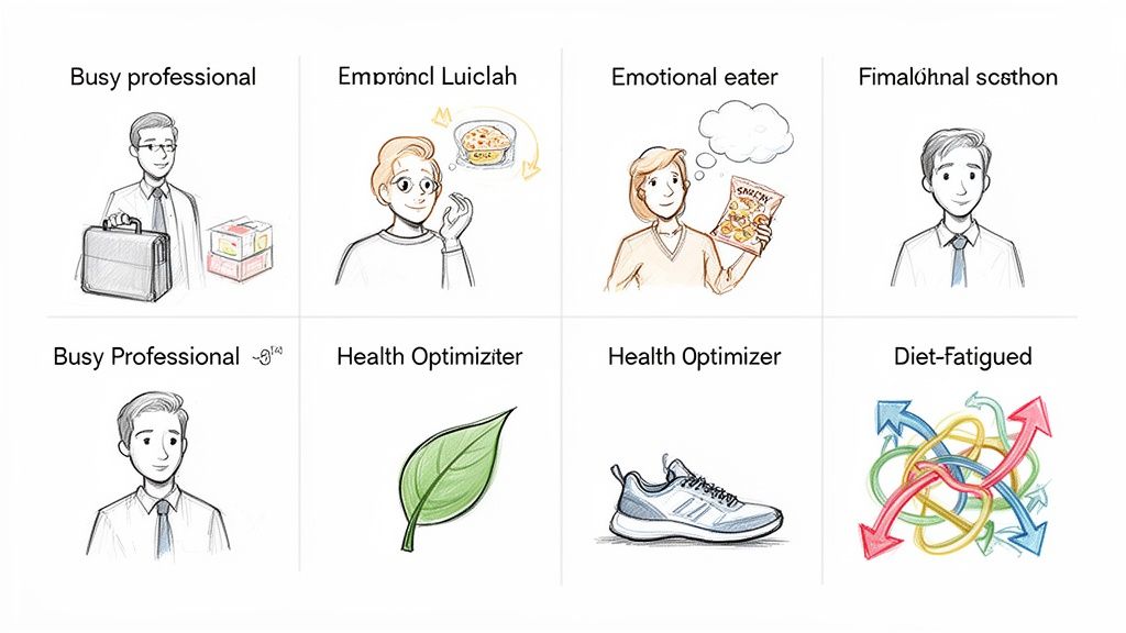 Eight panels show various health and diet client profiles, including professionals, an emotional eater, health optimizers, and a diet-fatigued individual.