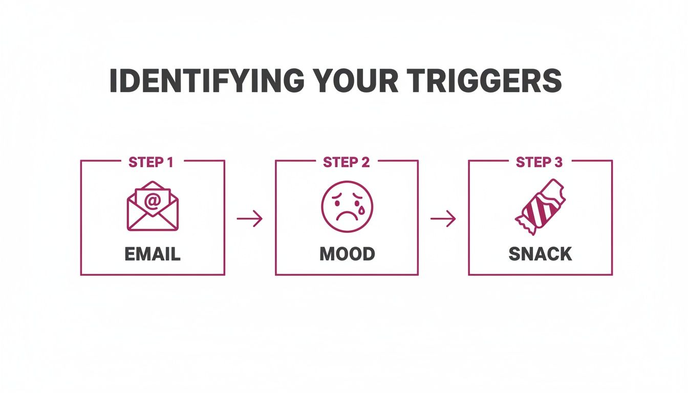 Process diagram illustrating how an email can lead to a sad mood, then to snacking.