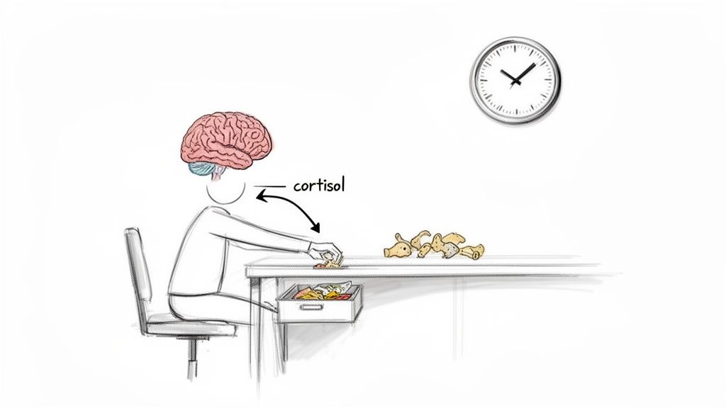 An illustration showing a person stress eating at a desk with a clock and brain, indicating cortisol's role.
