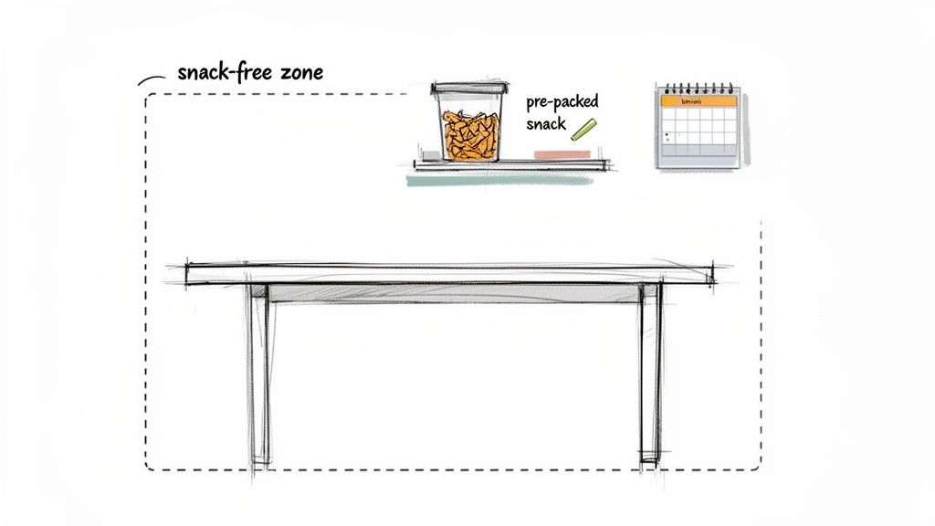An illustration showing a 'snack-free zone' delineated around a table, with pre-packed snacks stored on a shelf above.