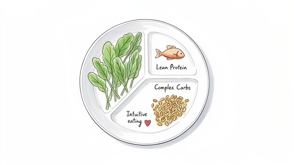 A divided plate illustrates healthy eating: greens, lean protein (fish), complex carbs, and intuitive eating.