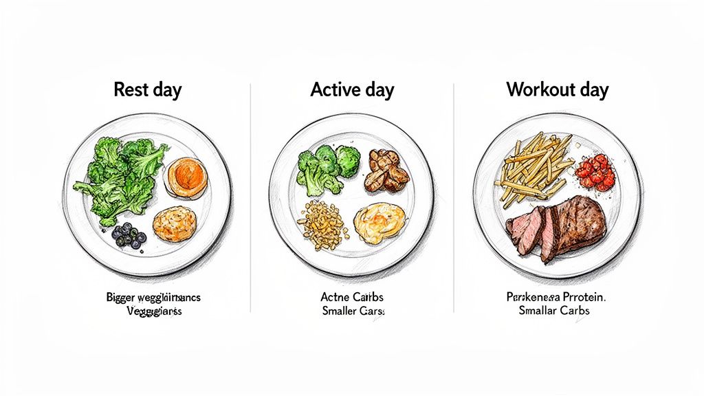 Three plates illustrate food proportions for rest, active, and workout days, focusing on macronutrients.