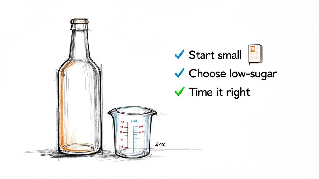 A sketch of a kombucha bottle and a 4 oz measuring cup next to a checklist of health tips.