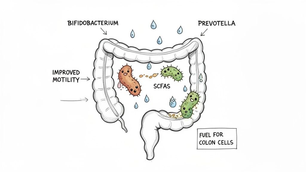 Diagram showing gut bacteria like Bifidobacterium and Prevotella producing SCFAs, leading to improved colon motility and fueling colon cells.