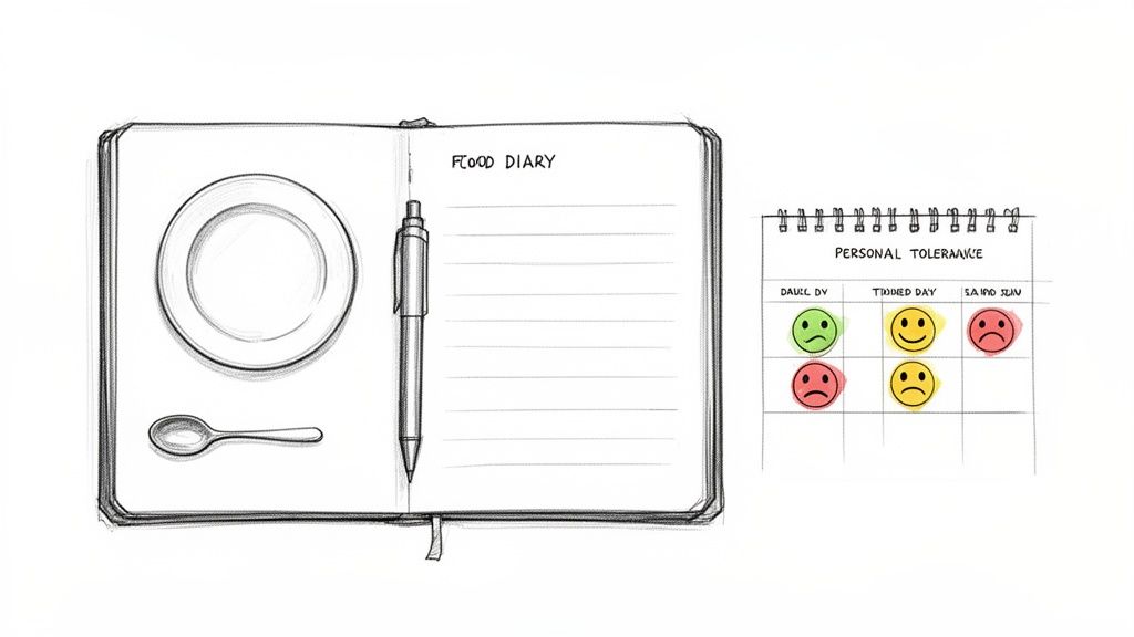 A sketch of a food diary notebook, pen, plate, spoon, and a personal tolerance chart with mood emojis.
