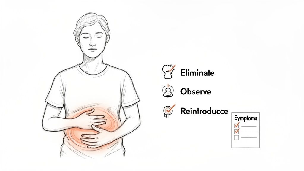 A diagram showing a person with stomach pain and the three steps of an elimination diet.