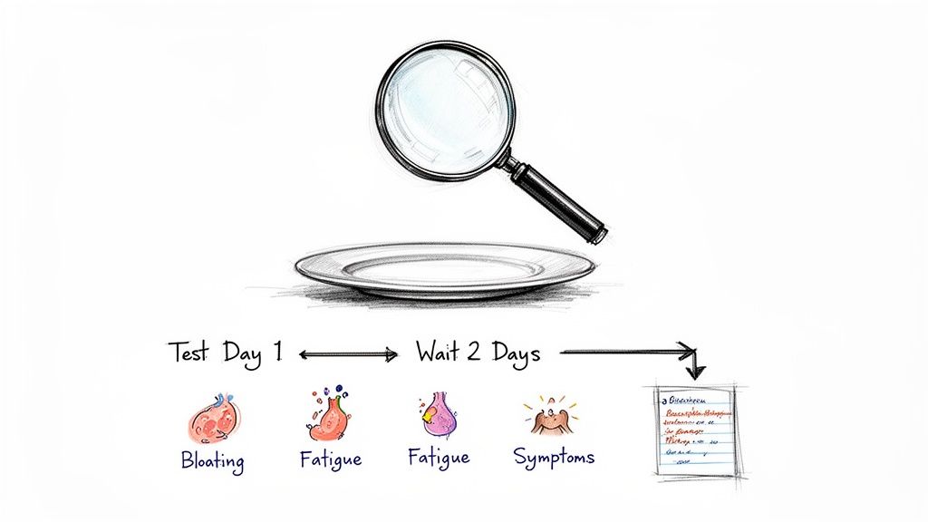 Illustration of an elimination diet process with a magnifying glass, empty plate, symptom tracking, and waiting periods.
