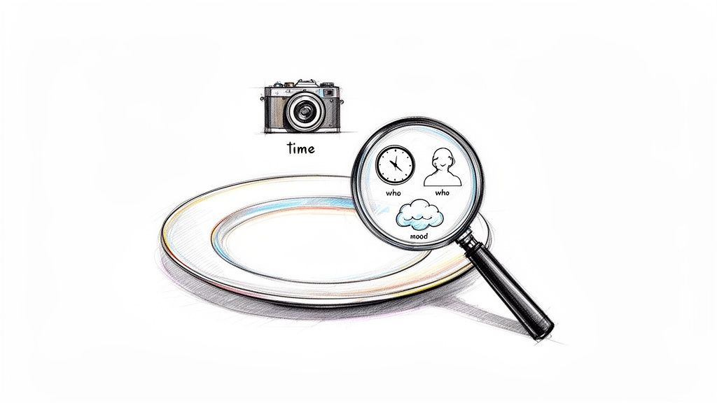 Sketch of a camera, empty plate, and magnifying glass showing 'time', 'who' (clock, person), and 'mood' (cloud).