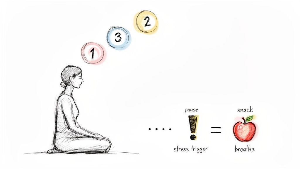 A drawing of a person meditating with numbered steps, illustrating stress triggers and healthy responses.