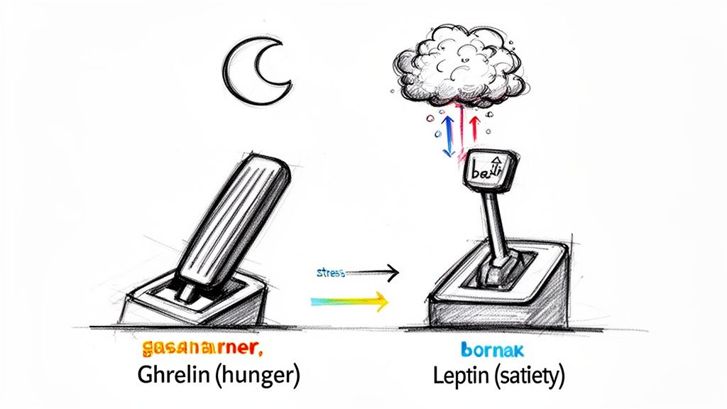 A diagram illustrates Ghrelin (hunger) and Leptin (satiety) levers, showing how stress impacts appetite.