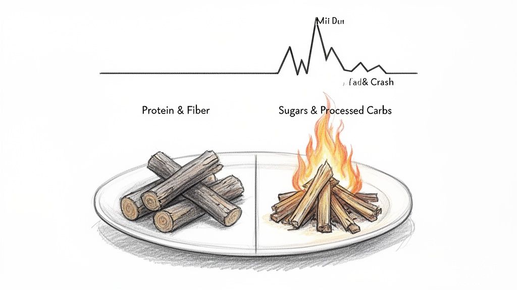Illustration comparing sustained energy from protein/fiber logs to rapid energy spike/crash from processed carbs fire.