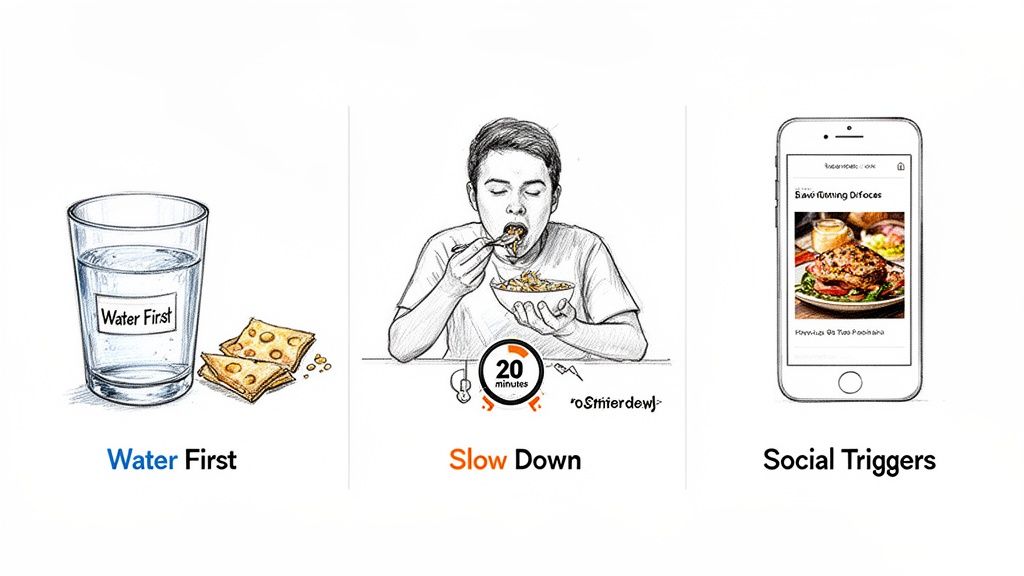 Infographic showing three methods to manage hunger: water first, eating slow for 20 minutes, and social triggers.