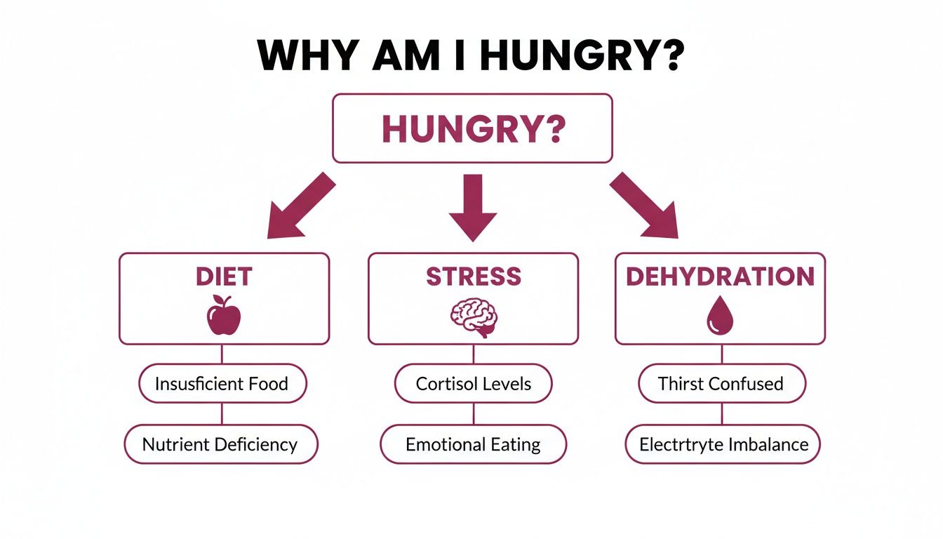 Flowchart illustrating common reasons for hunger: diet, stress, and dehydration, with contributing factors.