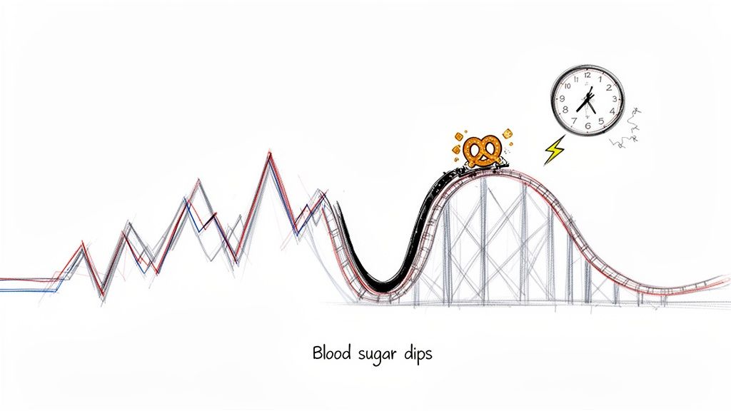 Illustration depicting blood sugar rollercoaster with a pretzel, clock, and text 'Blood sugar dips'.