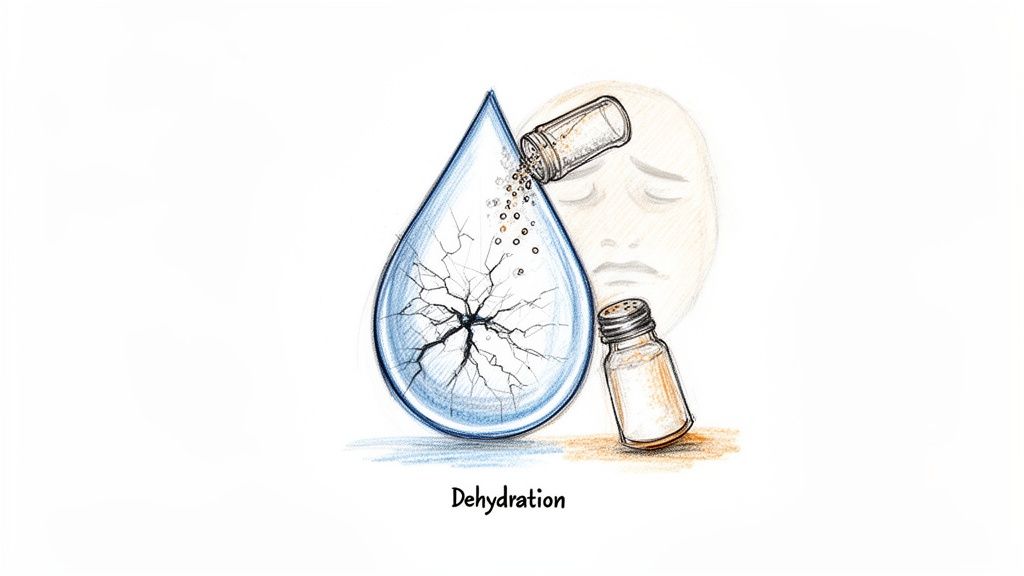 Conceptual illustration of dehydration with a cracked water drop, pouring salt, and a sad face.