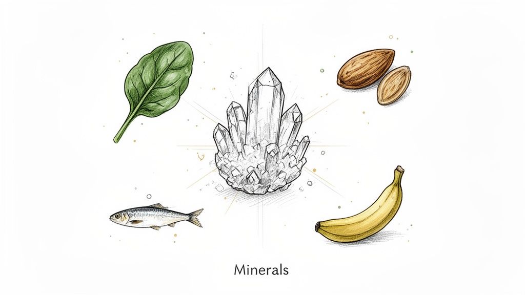 An illustration of mineral-rich foods: spinach, almonds, fish, and a banana, surrounding a crystal cluster.
