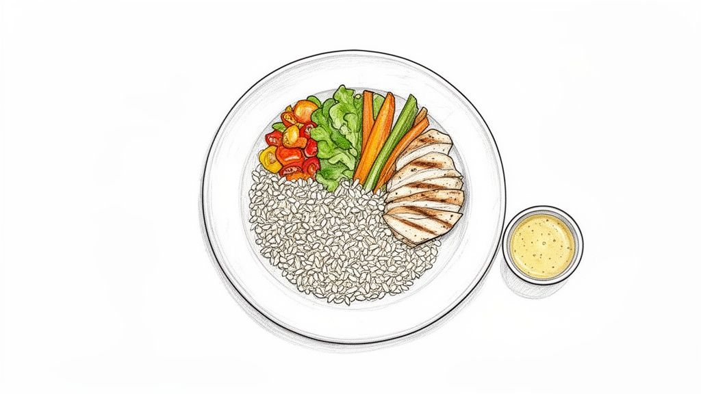 An illustration of a healthy meal with grilled chicken, rice, salad, and a side of dressing.