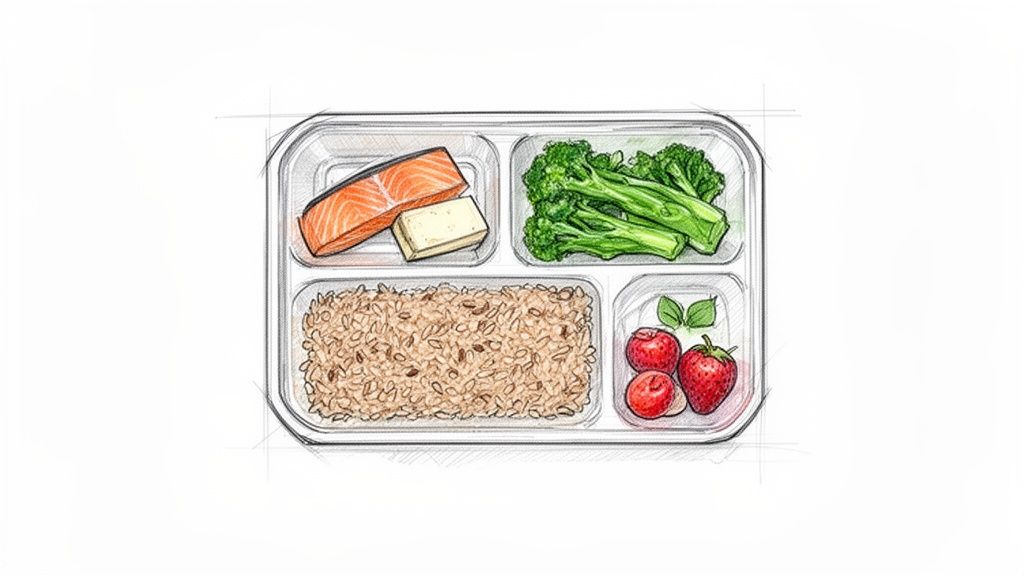 A top-down view of a healthy meal prep container with salmon, broccoli, brown rice, and berries.