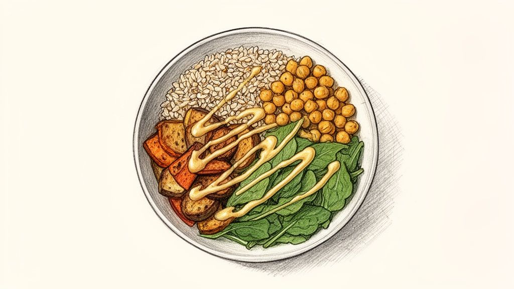 A healthy and colorful Buddha bowl with grains, chickpeas, spinach, roasted vegetables, and a creamy dressing.