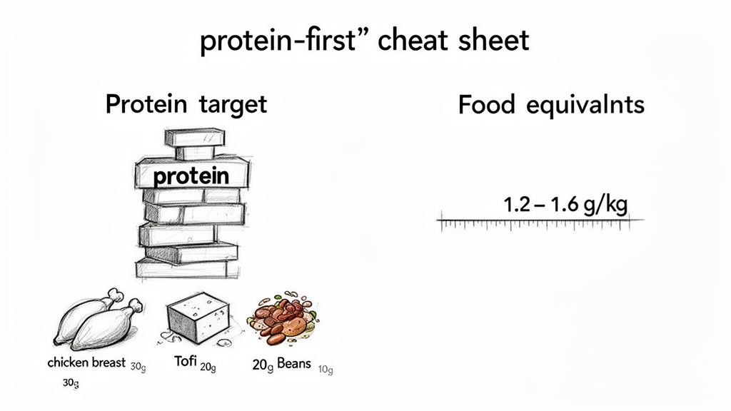 A protein-first cheat sheet displaying protein targets, food equivalents, and recommended daily intake range.